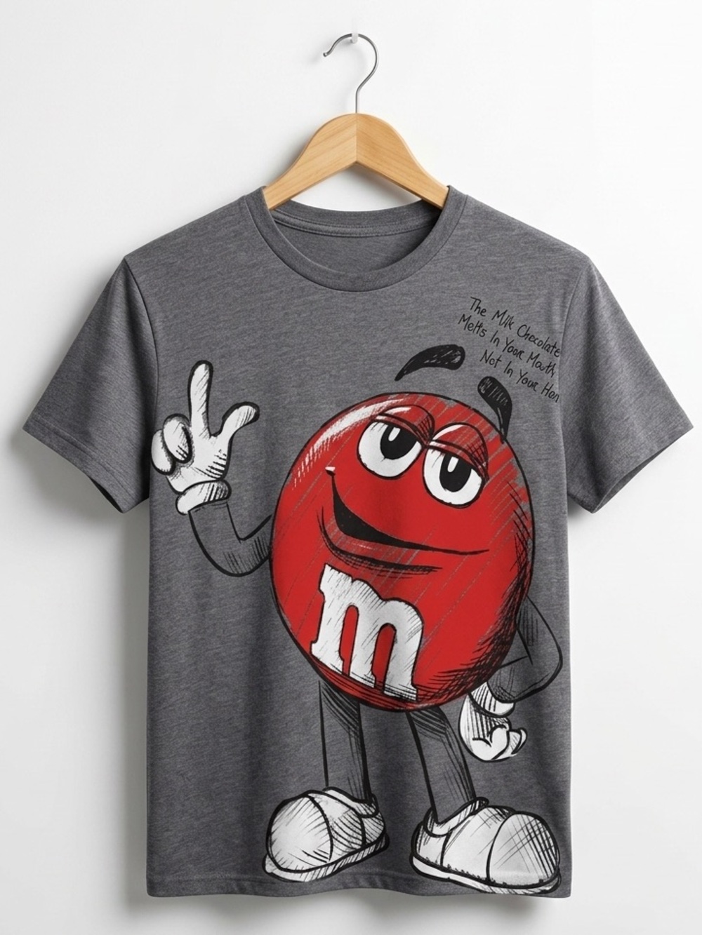 M&M's Dark Gray Crew Neck Short Sleeve T-Shirt Red M&M’s Character Graphic NWOT